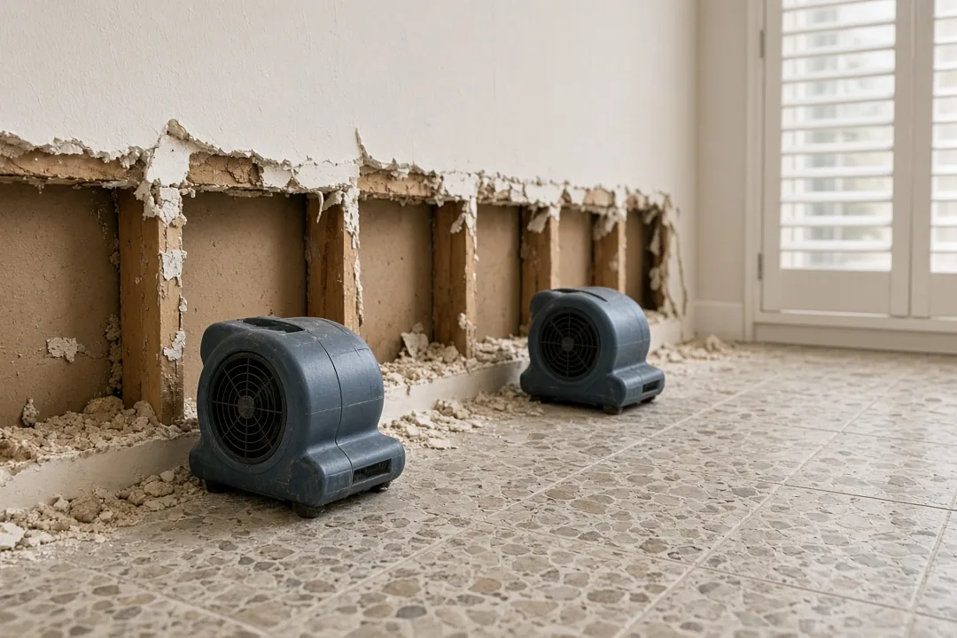 Drywall cut away above the baseboard with air movers drying a tile floor